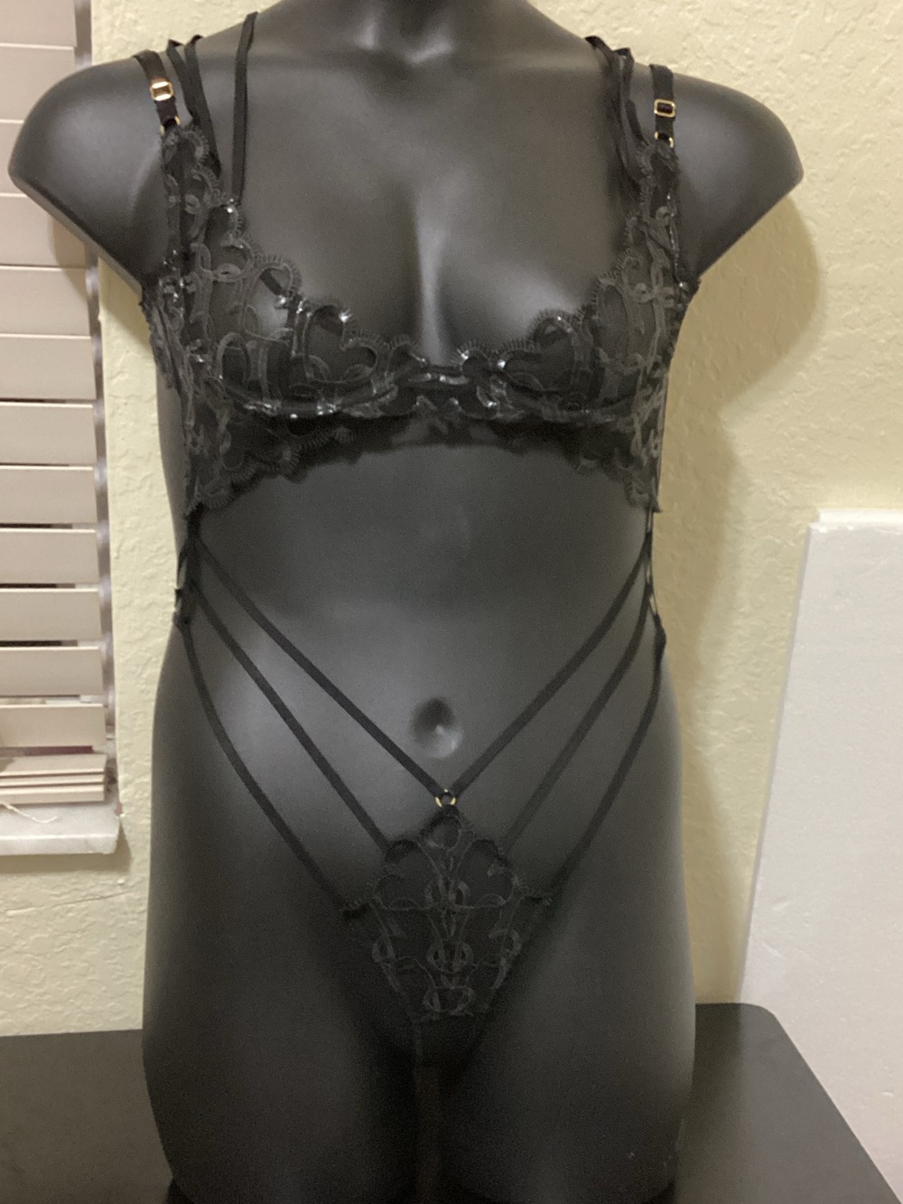 Victoria's Secret Black Sheer Lace Strappy Bodysuit